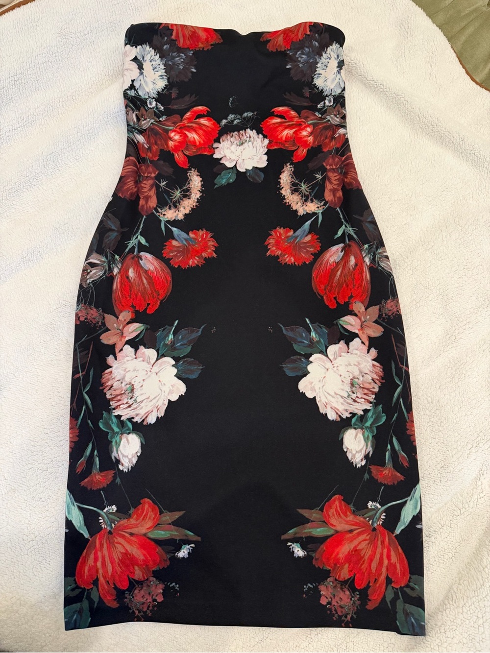 Express Strapless Floral Midi Dress - Black, Red & White